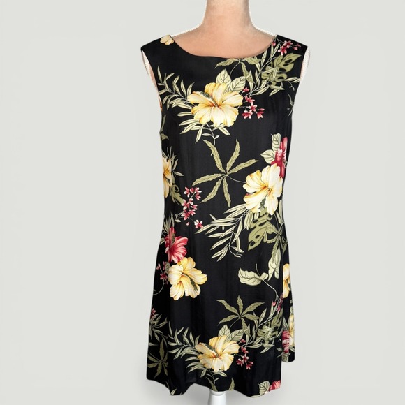 Tommy Bahama Dresses & Skirts - Tommy Bahama Silk Shift Dress Womens 6 Black Tropical Hibiscus Floral Hawaiian